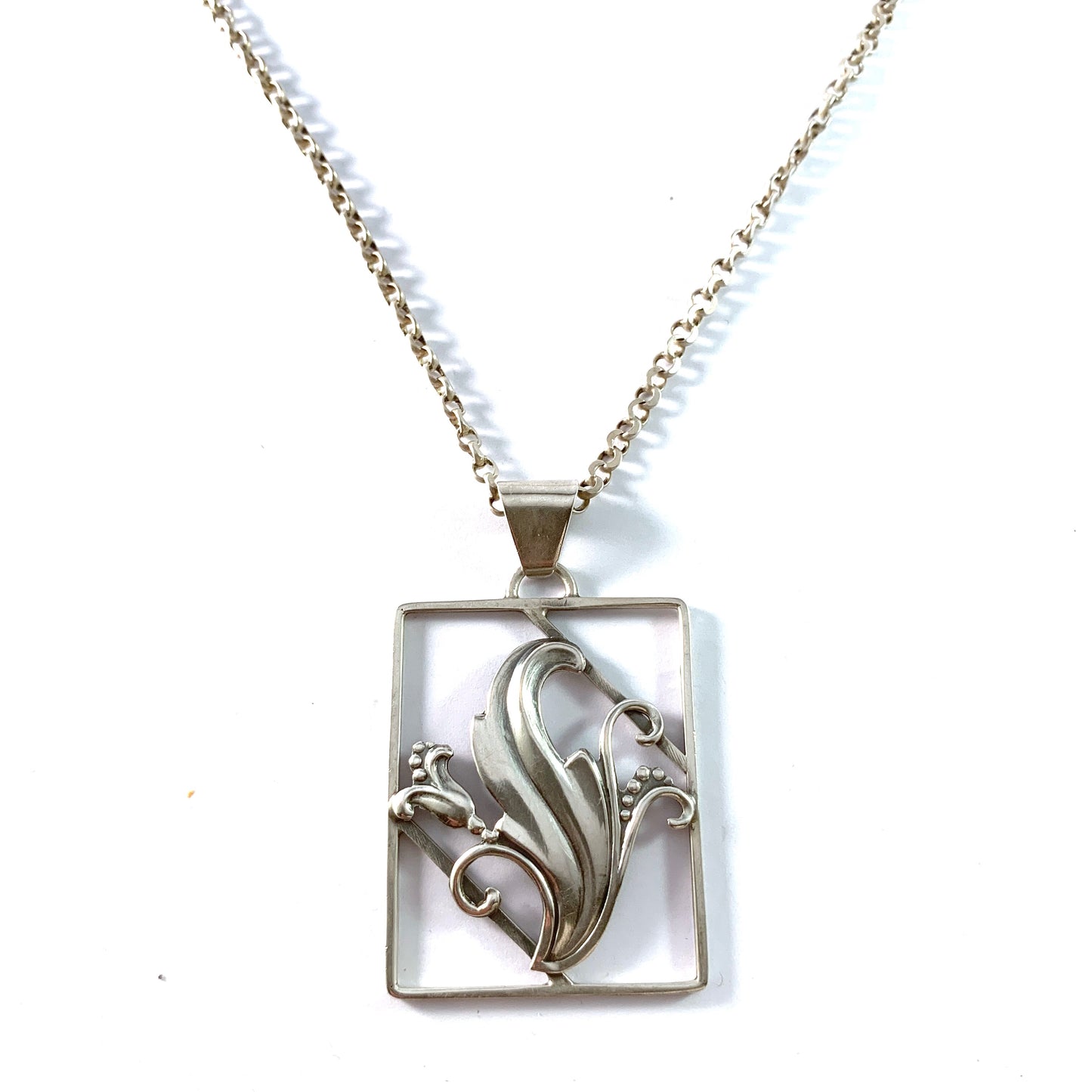 Denmark 1940-50 Solid 830 Silver Pendant Long Chain Necklace.