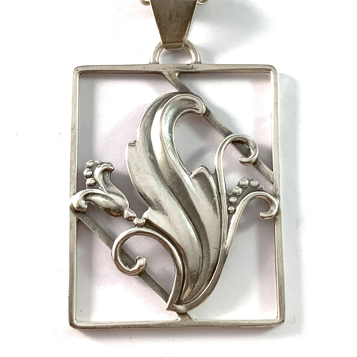 Denmark 1940-50 Solid 830 Silver Pendant Long Chain Necklace.