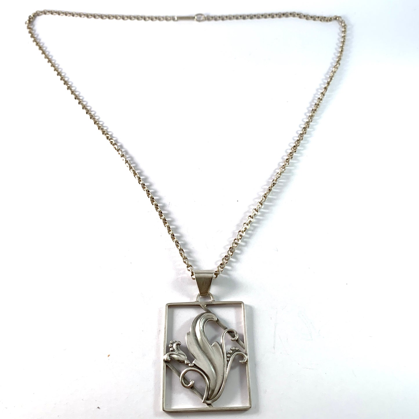 Denmark 1940-50 Solid 830 Silver Pendant Long Chain Necklace.