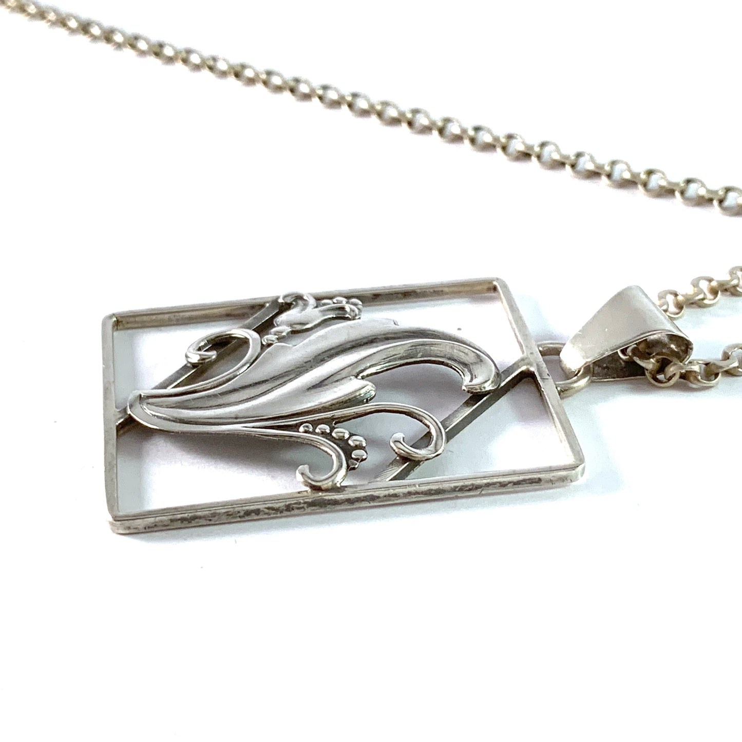 Denmark 1940-50 Solid 830 Silver Pendant Long Chain Necklace.