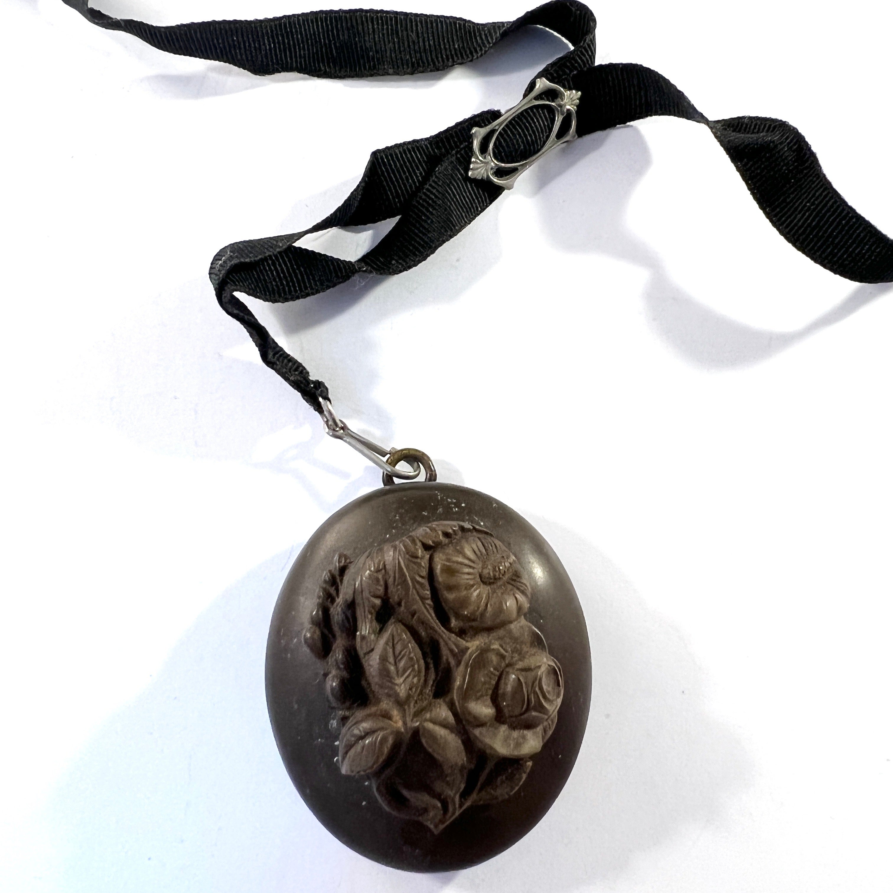 Antique Victorian Gutta Percha Locket Pendant Necklace.