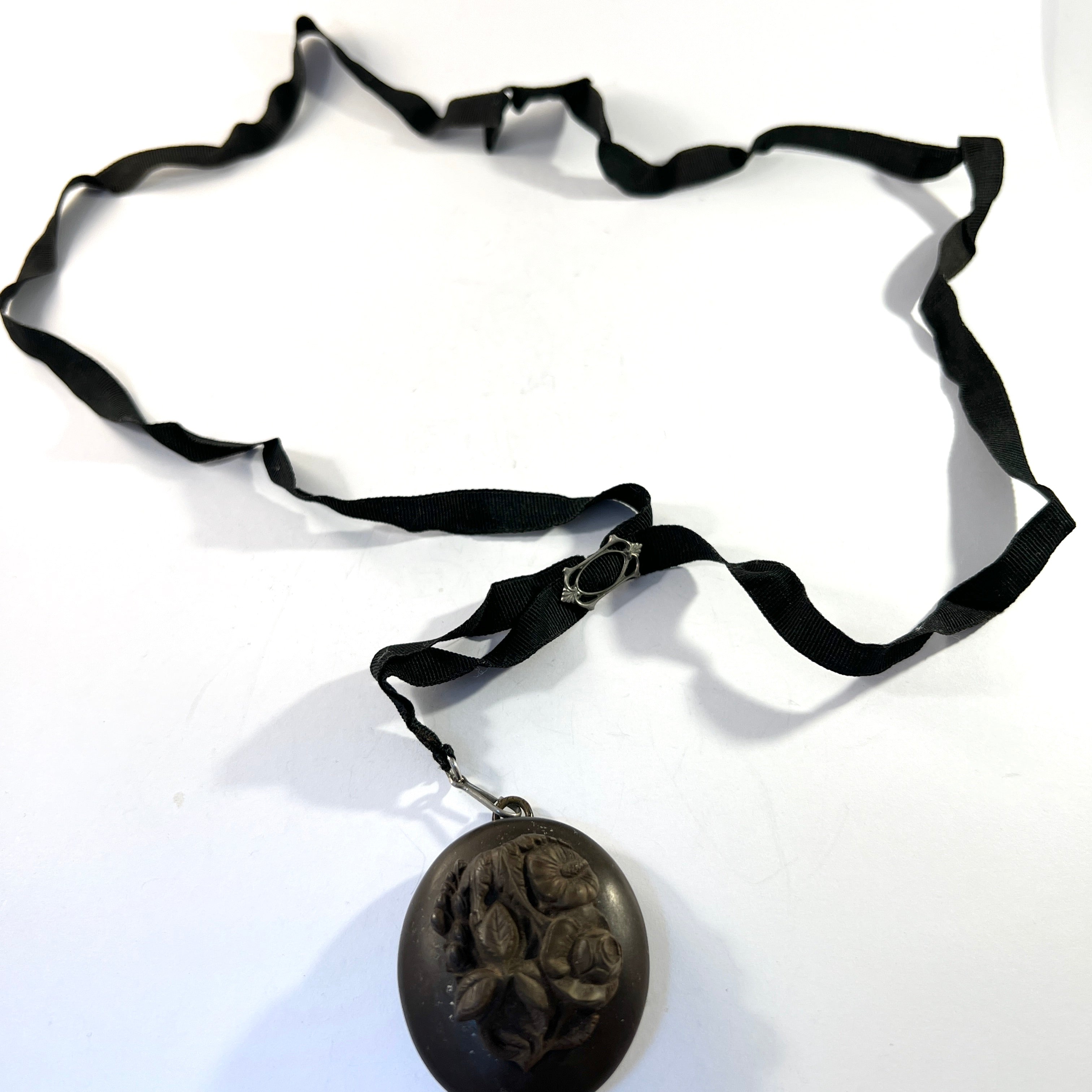 Antique Victorian Gutta Percha Locket Pendant Necklace.