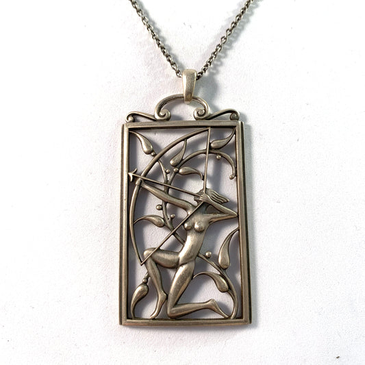 G Dahlgren, Sweden 1944 Sterling Silver Diana Goddess of Hunting Large War-Time Pendant Necklace.