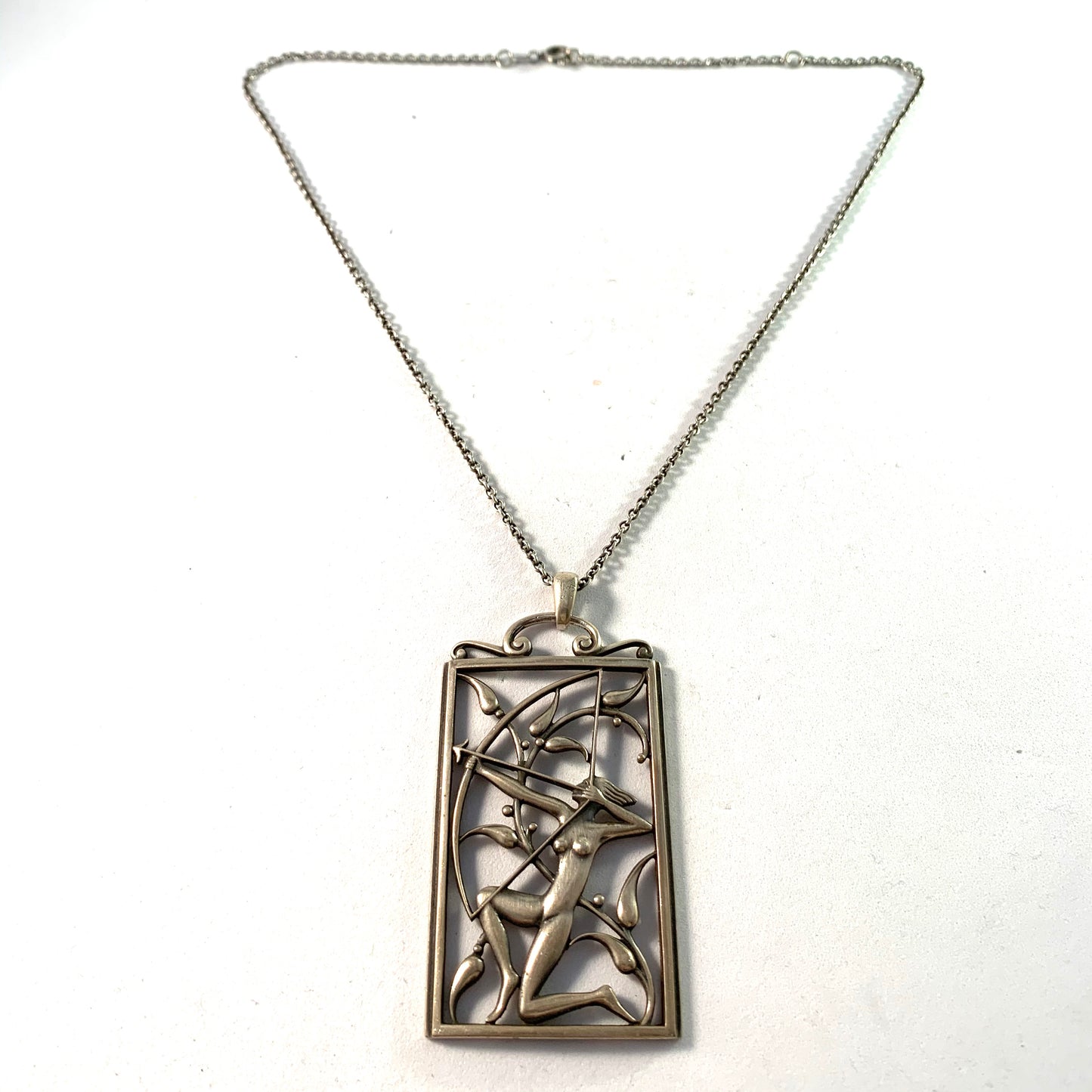 G Dahlgren, Sweden 1944 Sterling Silver Diana Goddess of Hunting Large War-Time Pendant Necklace.