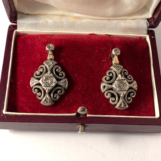 Portugal, Art Deco 1930s 18k Gold Silver Rose Cut Diamond Earrings. Boxed.