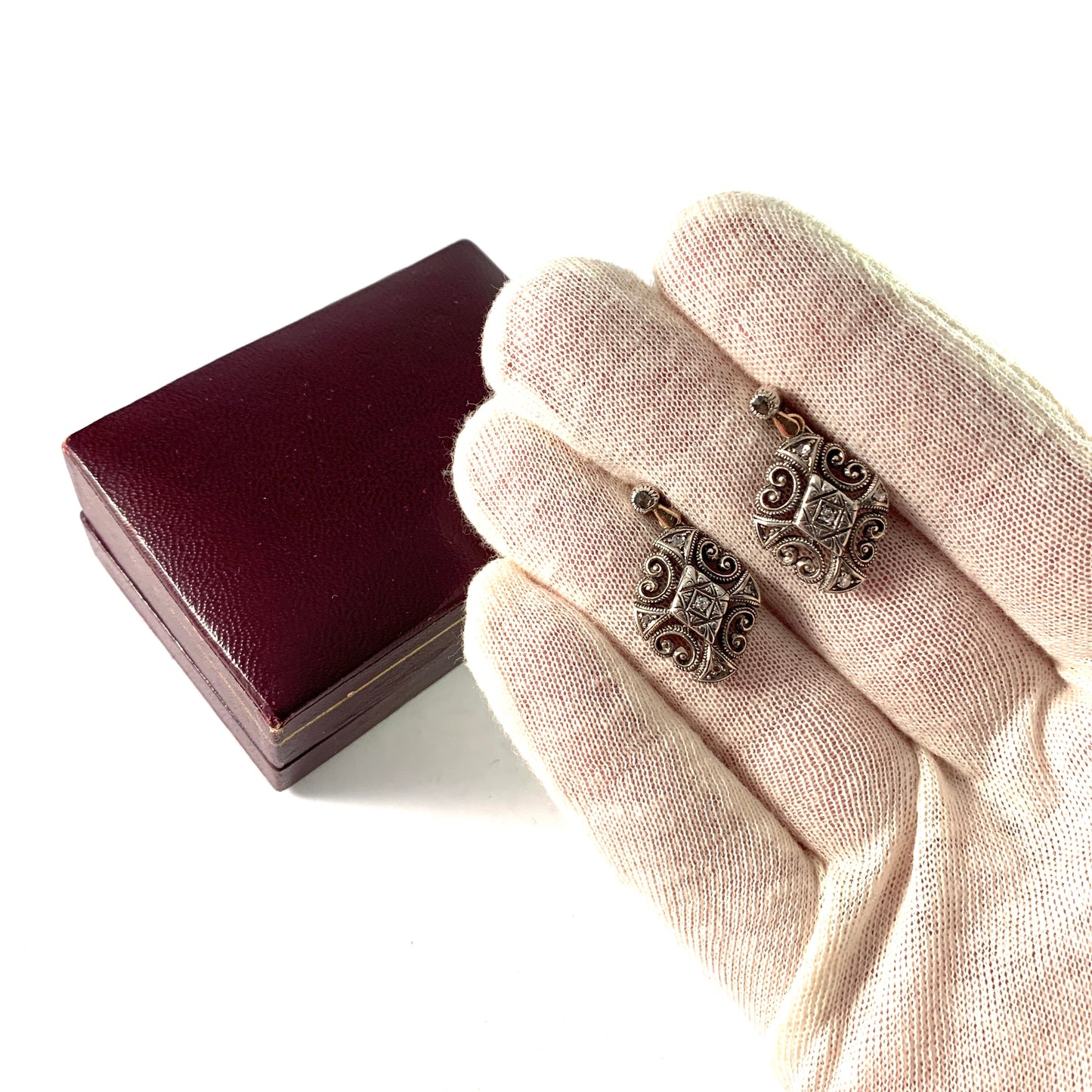 Portugal, Art Deco 1930s 18k Gold Silver Rose Cut Diamond Earrings. Boxed.