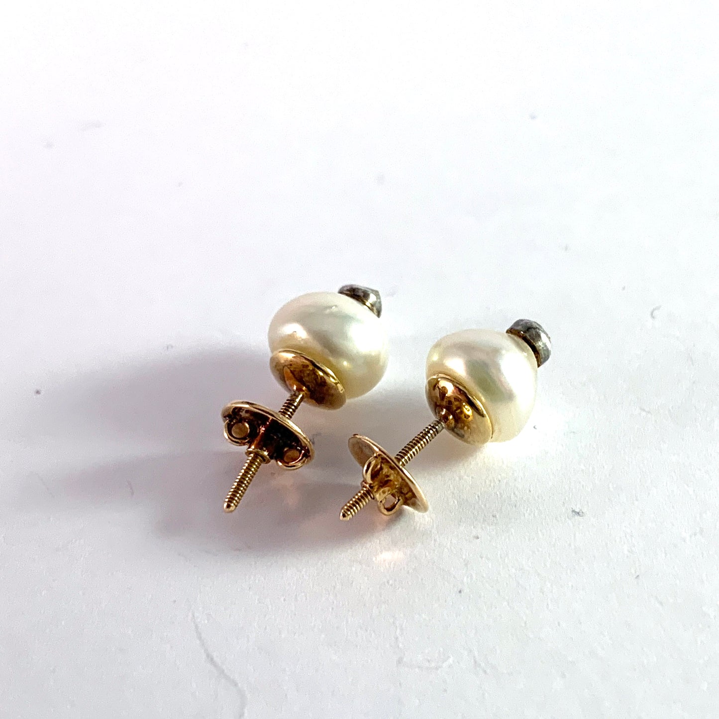 Sven Jahnsson, Stockholm 1945. Vintage 18k Gold Pearl Rose Cut Diamond Stud Earrings.