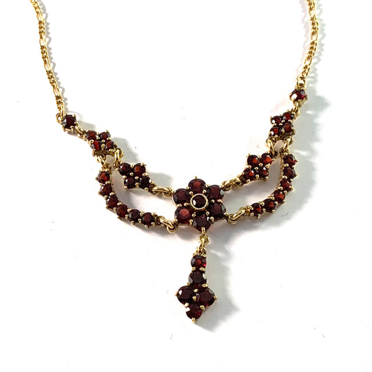 Vintage Mid Century Gilt Sterling Silver Bohemian Garnet Necklace.