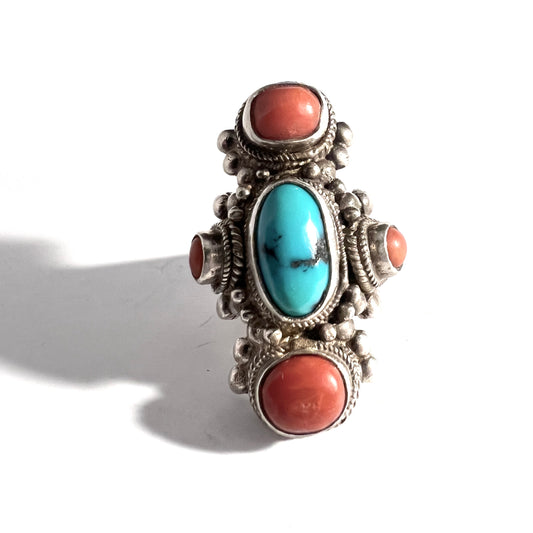 Vintage Native American Bold Sterling Silver Turquoise Coral Ring.