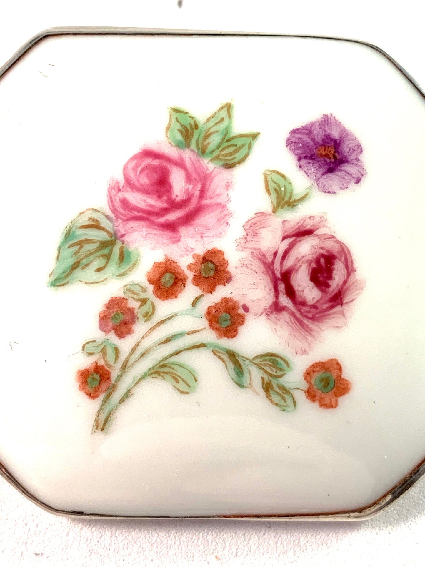 Kaplan, Sweden 1955 Vintage Mid Century Sterling Painted Porcelain Floral Rose Brooch.