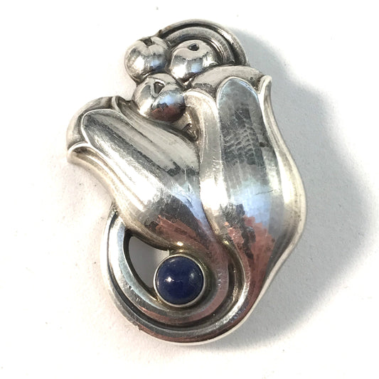 Georg Jensen, Denmark Mid Century Sterling Silver Lapis Lazuli Brooch. Design 100B