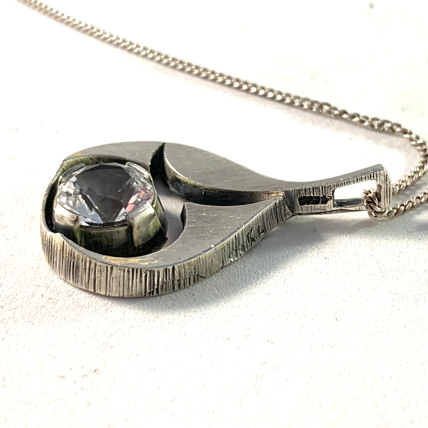Karl Laine, Finland Vintage Sterling Silver Rock Crystal Pendant Long Chain Necklace.