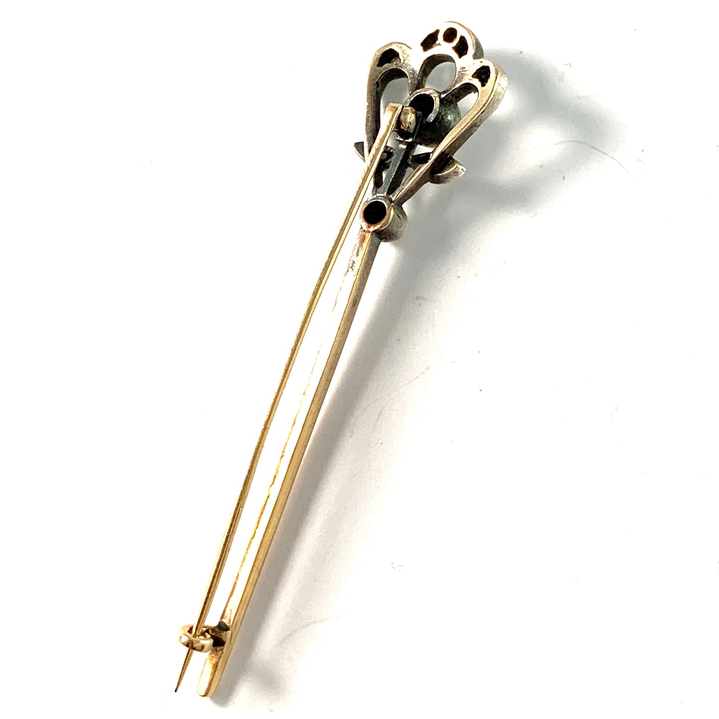 Antique Art Nouveau 14k Gold, Silver, Old Cut Diamond Brooch Pin.