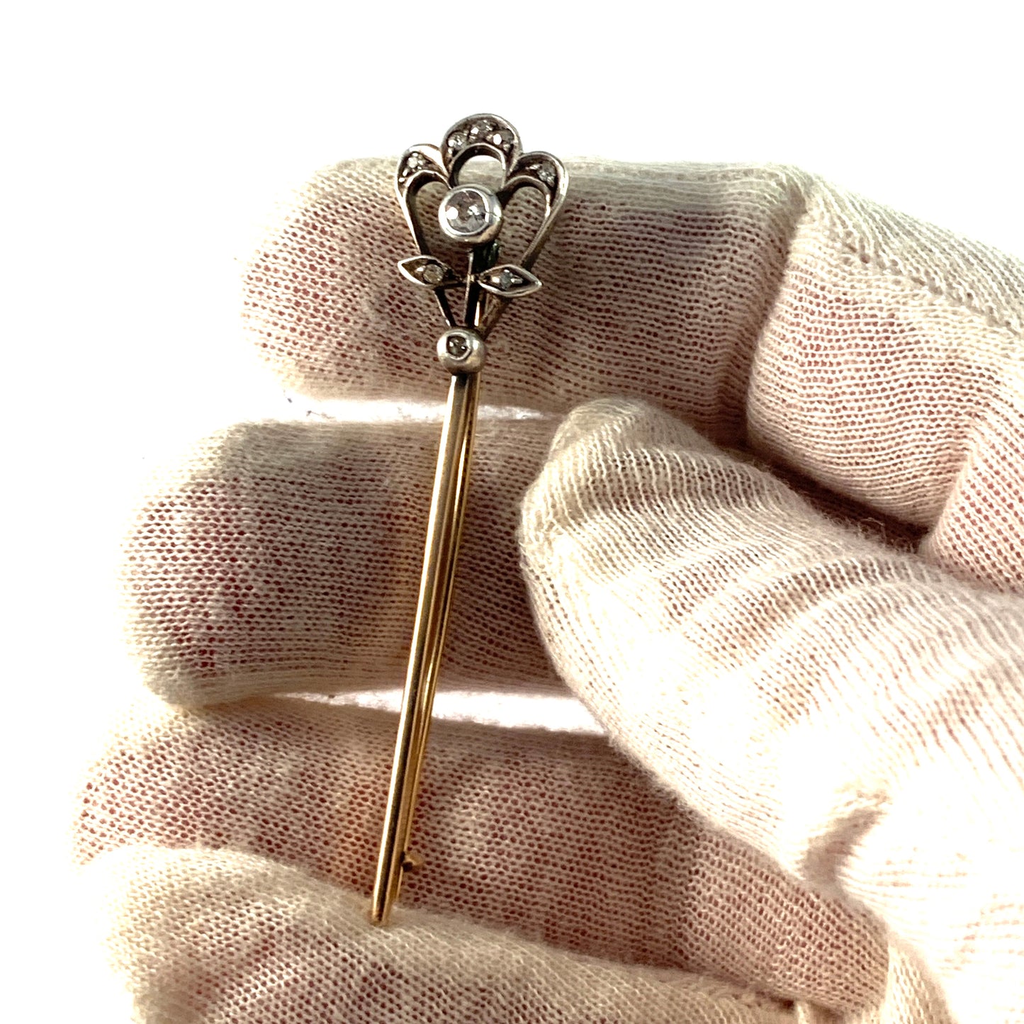Antique Art Nouveau 14k Gold, Silver, Old Cut Diamond Brooch Pin.