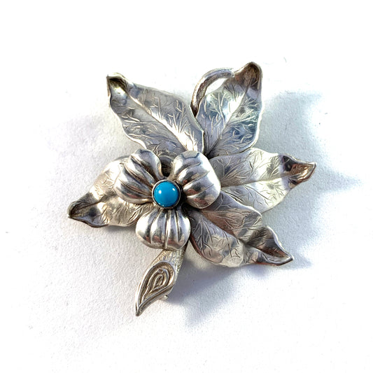 Pinco, Stockholm year 1953 Mid Century Solid Silver Turquoise Brooch.