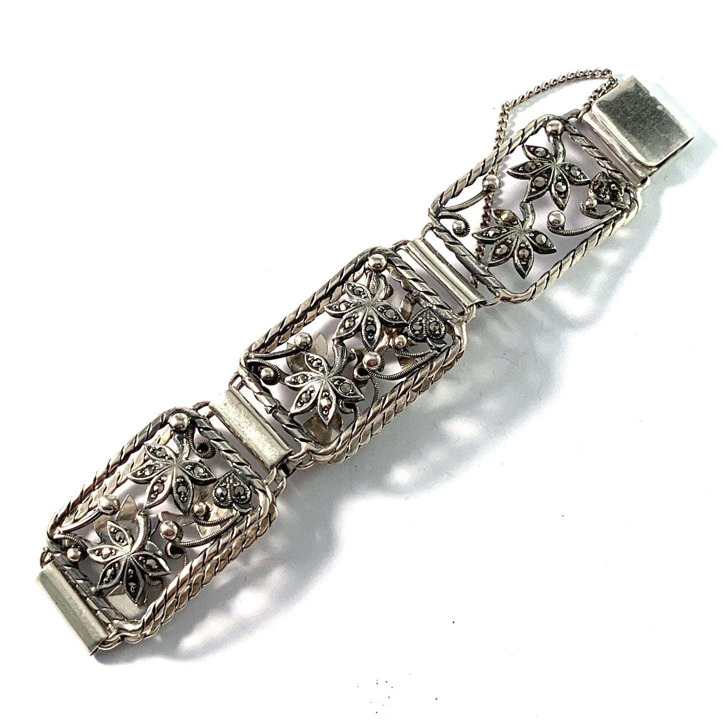 Victor Janson, Sweden 1952. Mid Century Sterling Silver Marcasite Link Bracelet.