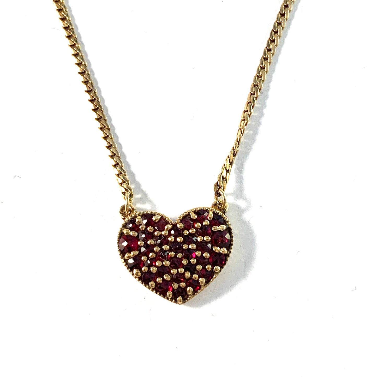Vintage Mid Century Gilt Sterling Silver Bohemian Garnet Heart Pendant Necklace.
