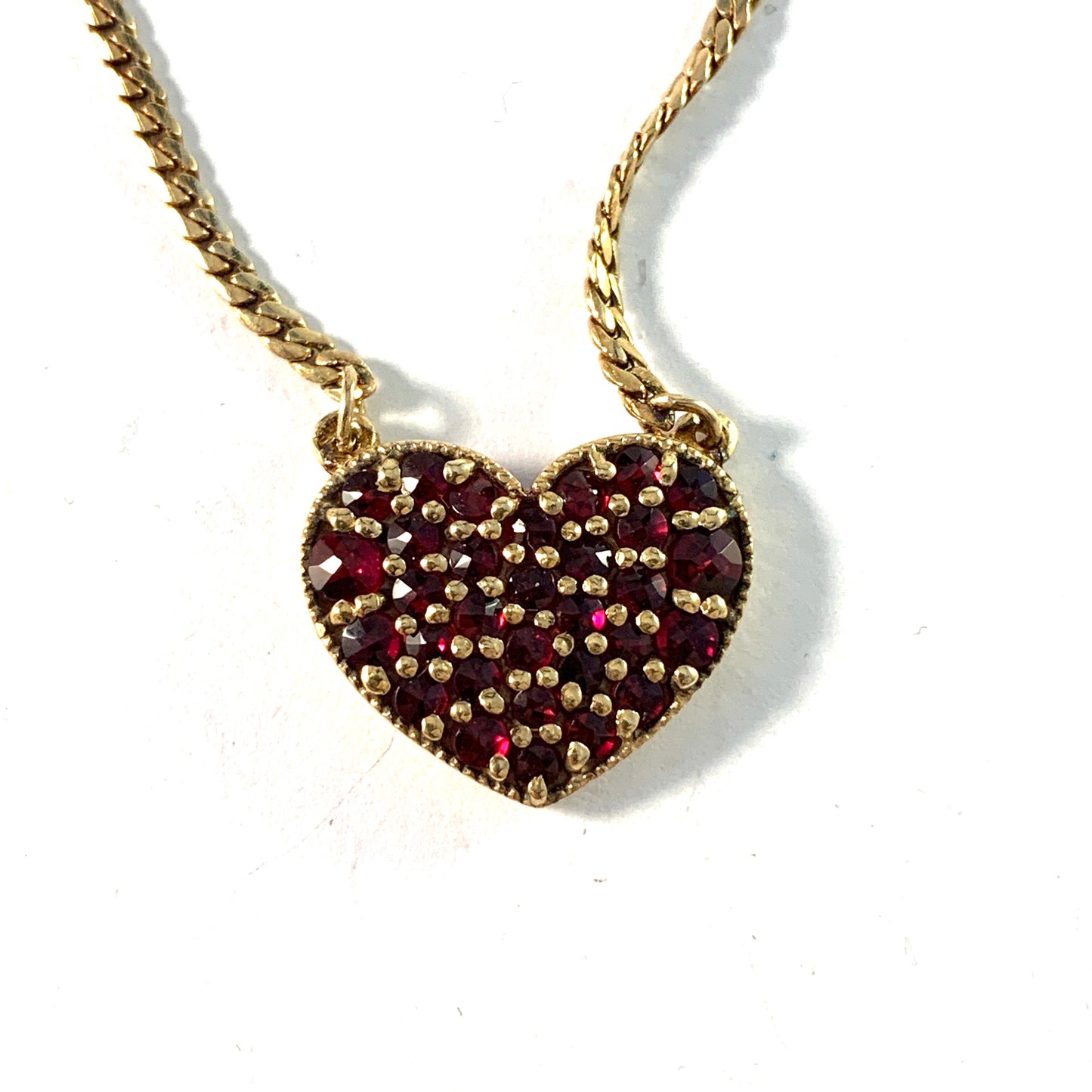 Vintage Mid Century Gilt Sterling Silver Bohemian Garnet Heart Pendant Necklace.