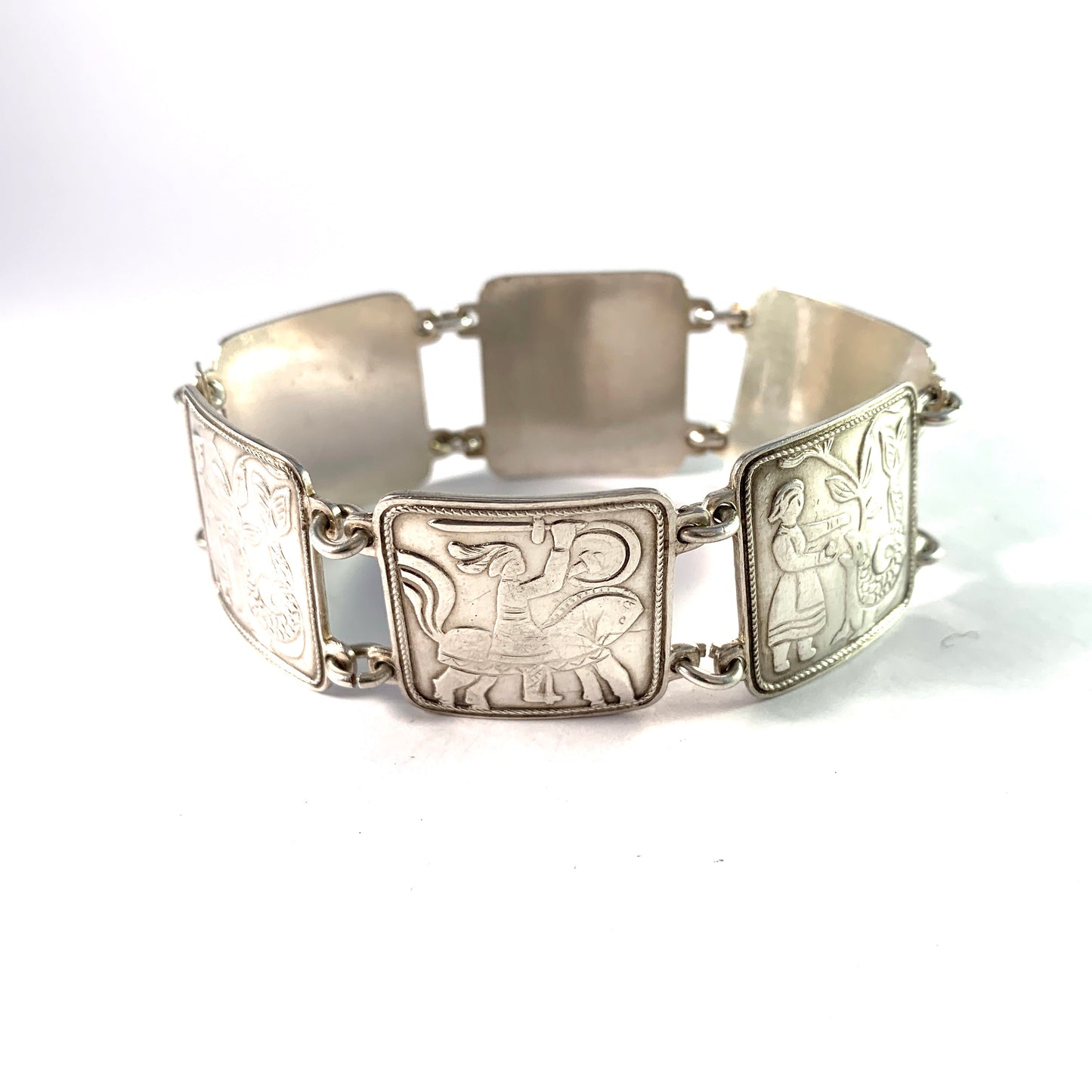 David-Andersen Norway Mid Century Silver Panel Bracelet. Design: Eventyr / Fairytale