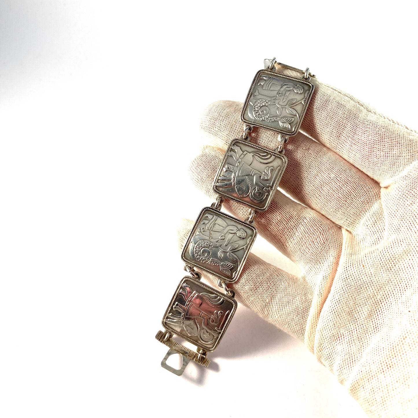 David-Andersen Norway Mid Century Silver Panel Bracelet. Design: Eventyr / Fairytale