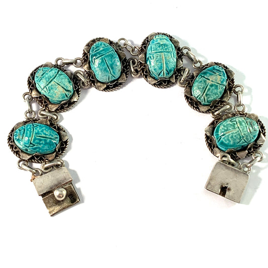 Egypt Mid Century Solid Silver Faience Scarab Bracelet.