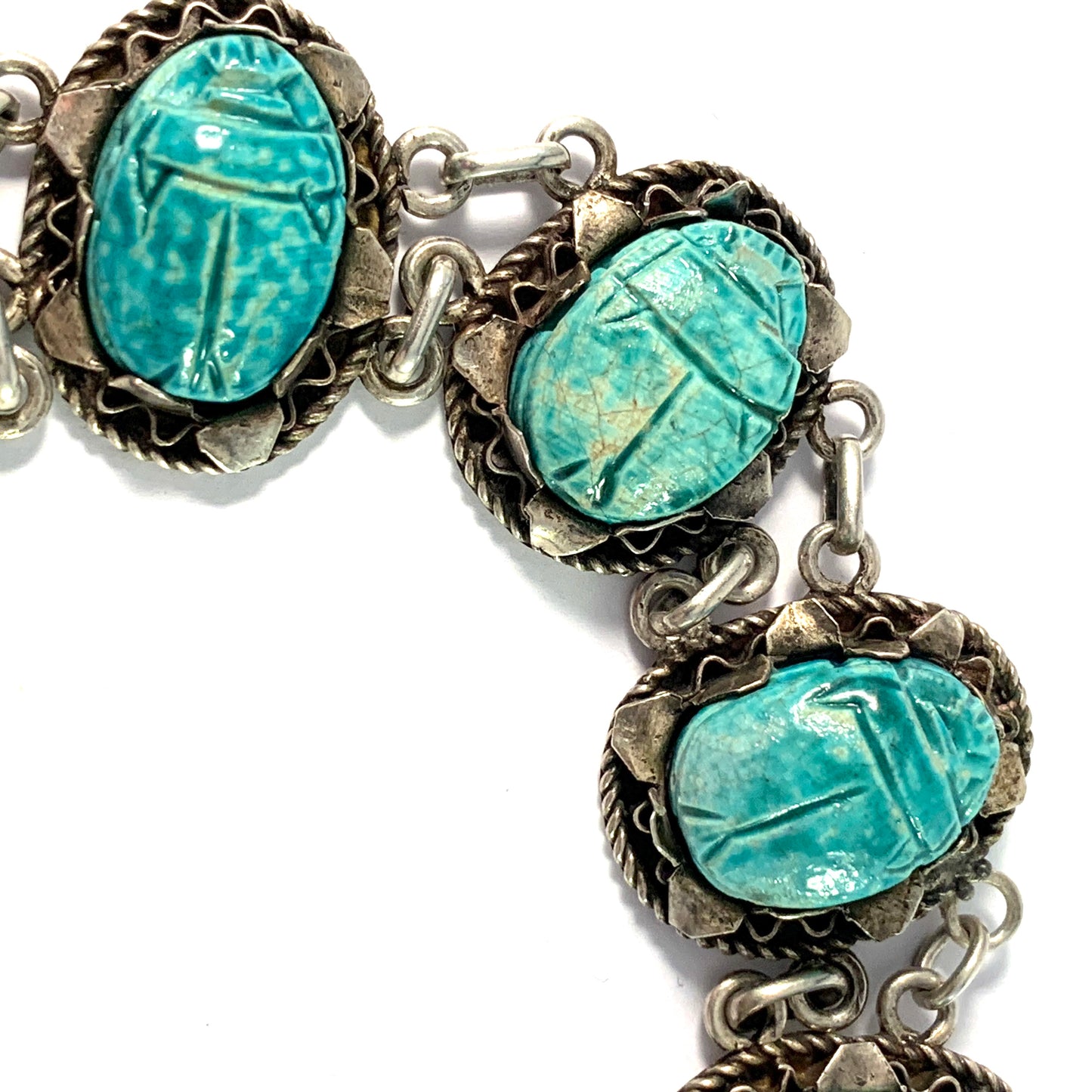 Egypt Mid Century Solid Silver Faience Scarab Bracelet.