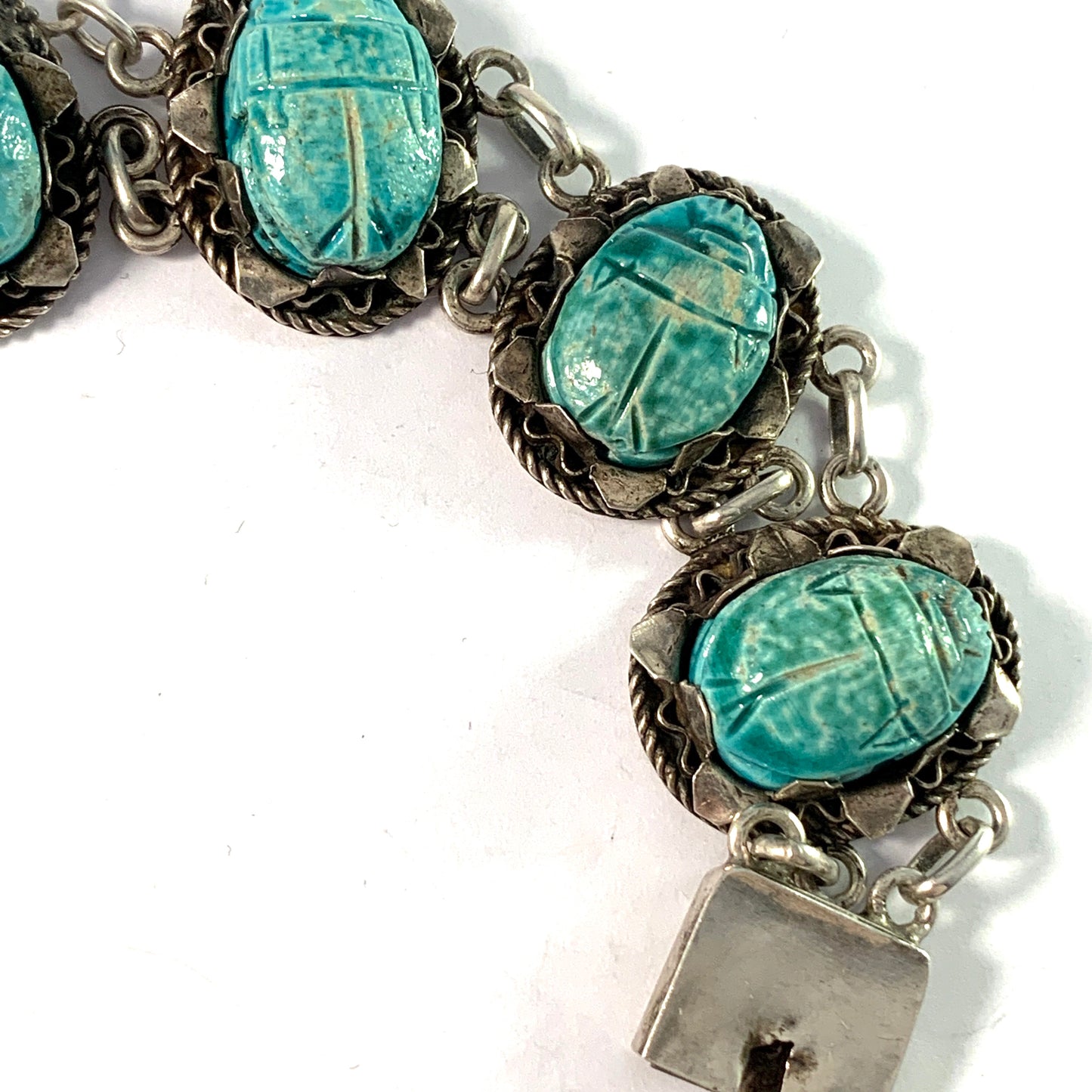 Egypt Mid Century Solid Silver Faience Scarab Bracelet.