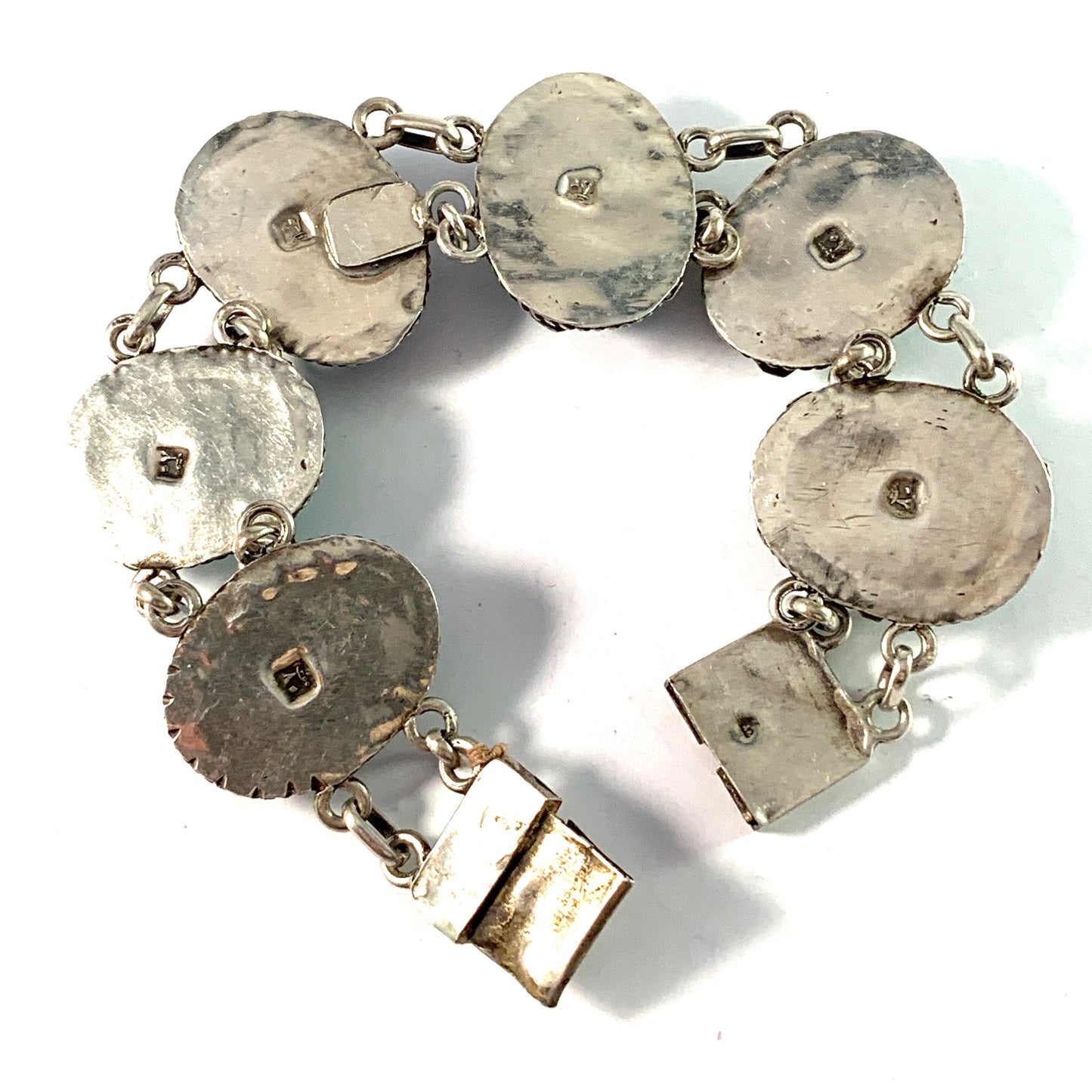 Egypt Mid Century Solid Silver Faience Scarab Bracelet.