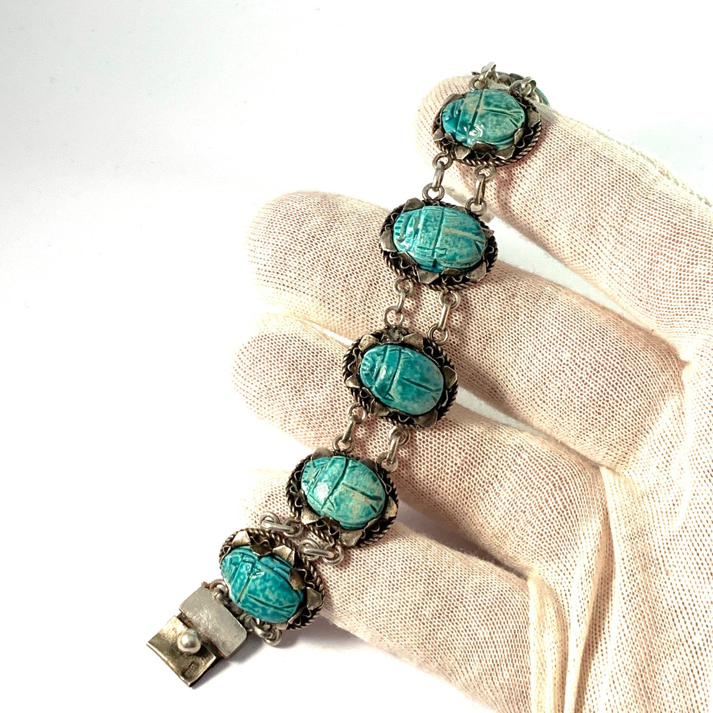 Egypt Mid Century Solid Silver Faience Scarab Bracelet.