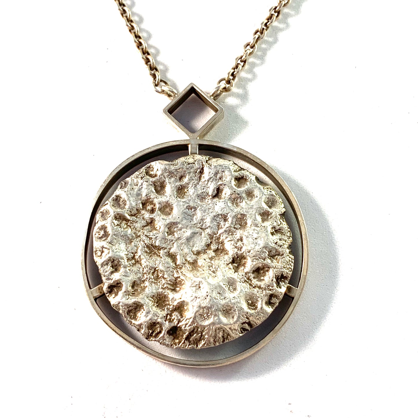 Oehmke, Sweden 1967 Space Age Sterling Silver Moon Surface Pendant Necklace. Unique, No 1.
