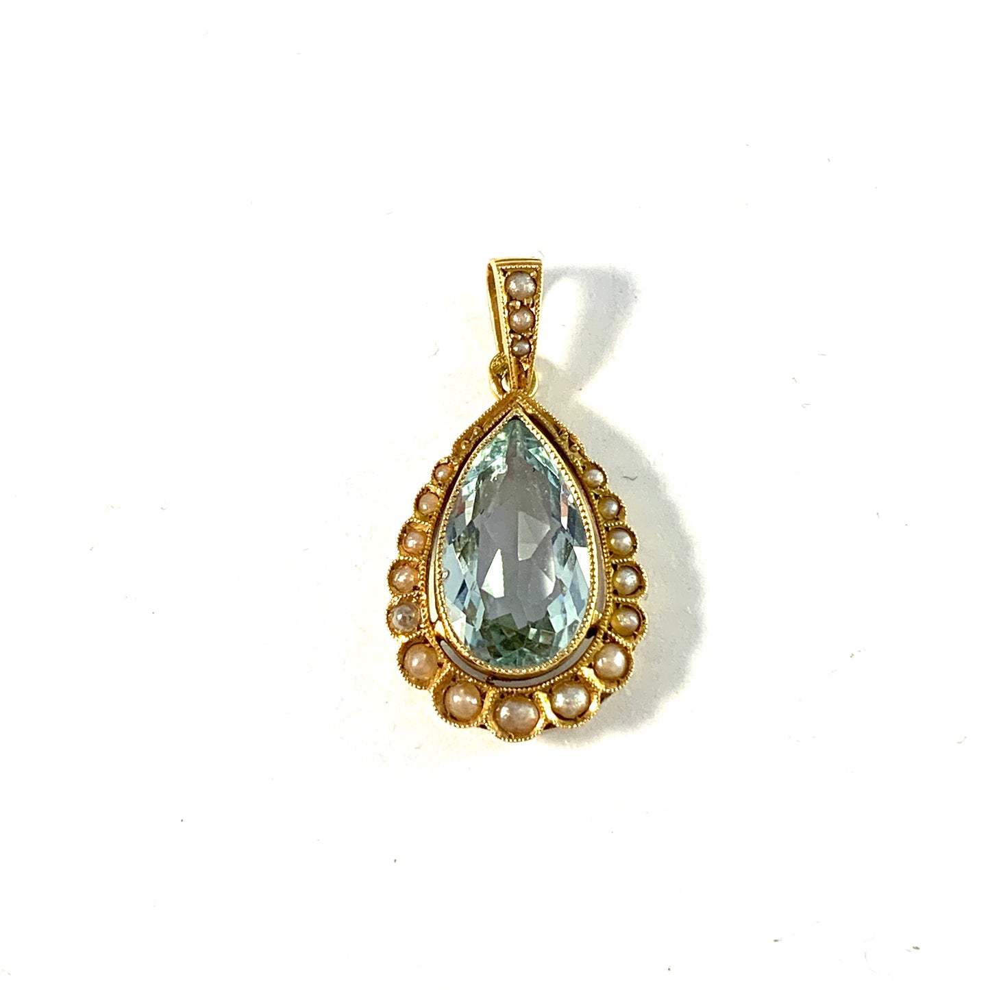 Eastern Europe Early 1900s. 18k Gold Topaz Seed Pearl Pendant.