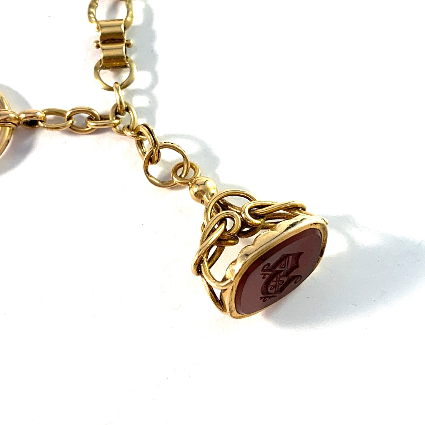 E Cederin, Sweden year 1912. Antique 18k Gold Watch Chain Wax Seal Fob. (Necklace Length)