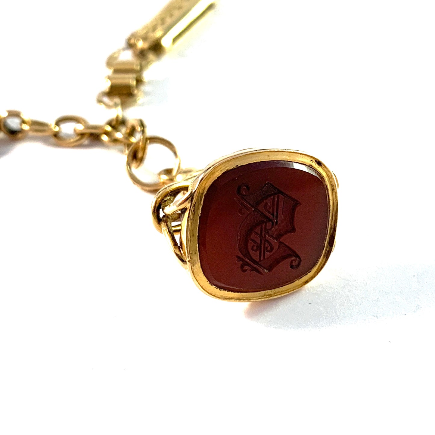 E Cederin, Sweden year 1912. Antique 18k Gold Watch Chain Wax Seal Fob. (Necklace Length)
