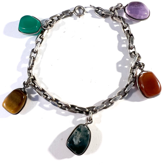 Vintage Mid Century Solid Silver Amethyst Agate Tiger's Eye Chrysoprase Bracelet.