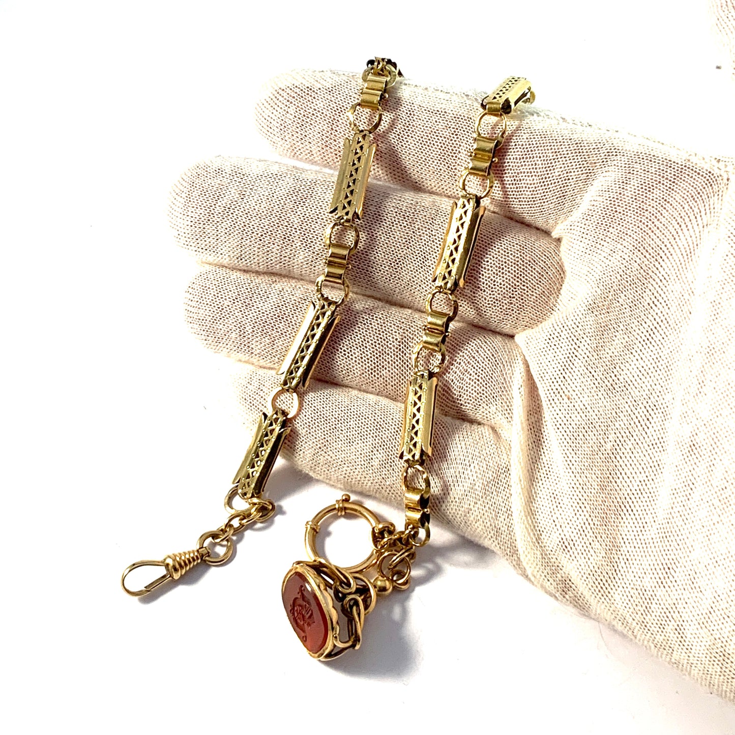 E Cederin, Sweden year 1912. Antique 18k Gold Watch Chain Wax Seal Fob. (Necklace Length)