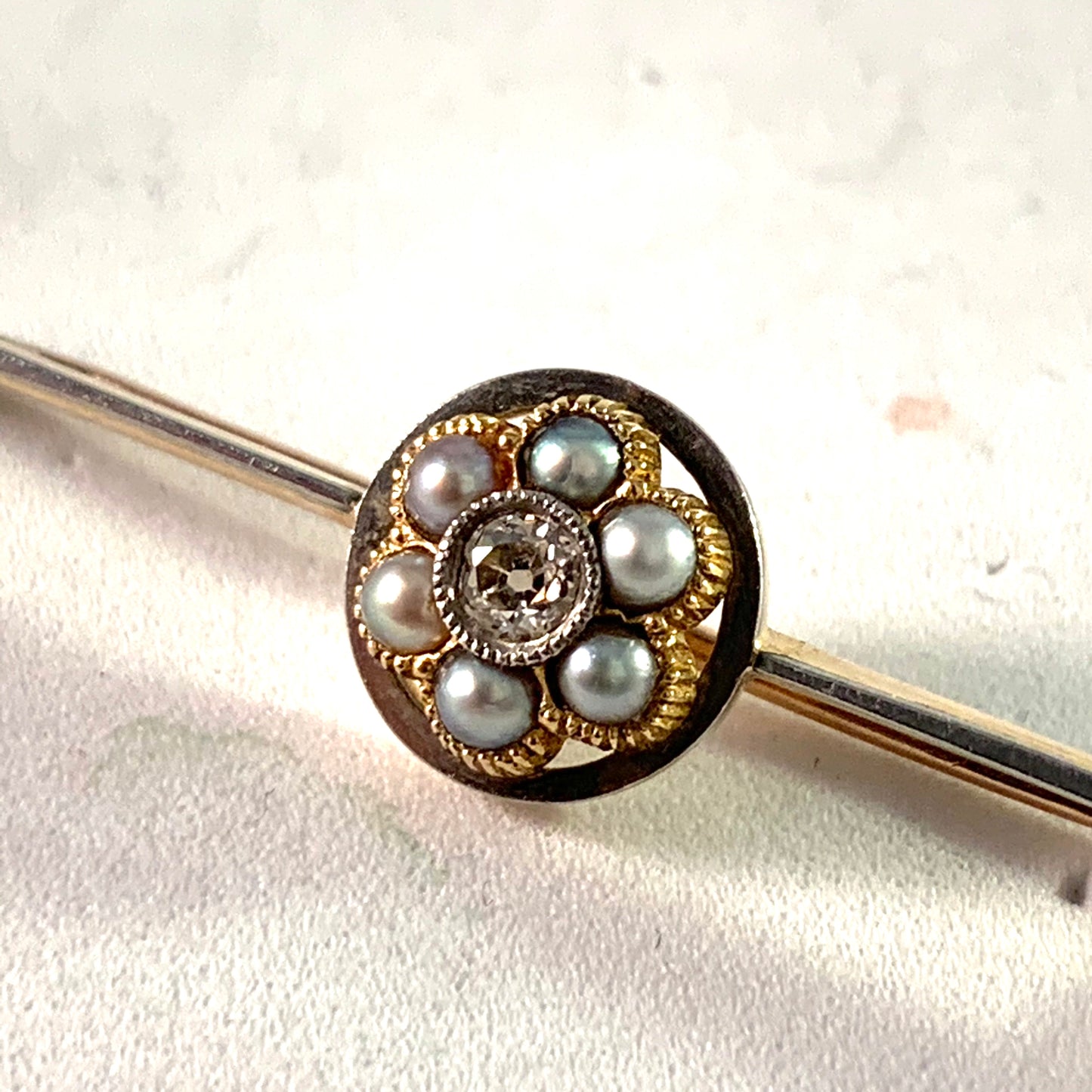 Antique 15k Gold Old Cut Diamond Seed Pearl Brooch Pin.