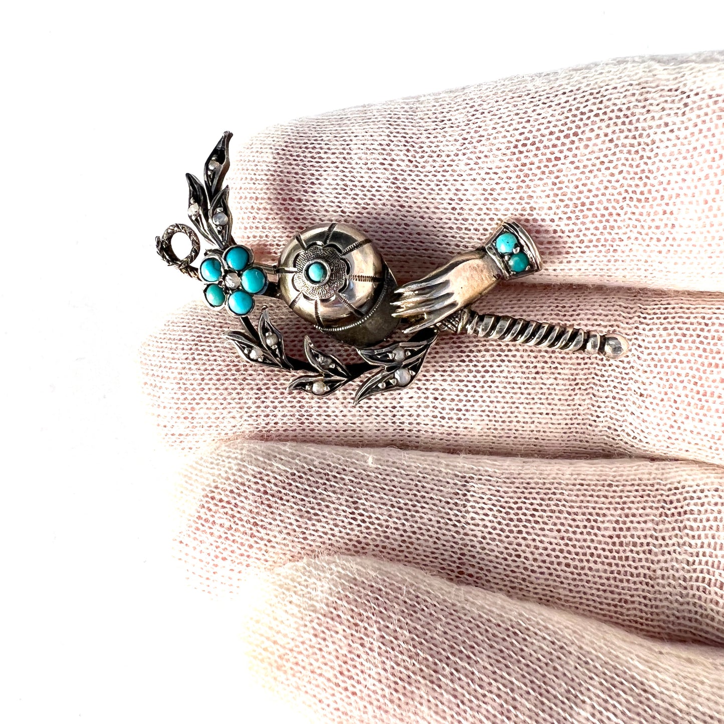 Antique Victorian Sterling Turquoise Seed Pearl Cap Hand Whip Brooch