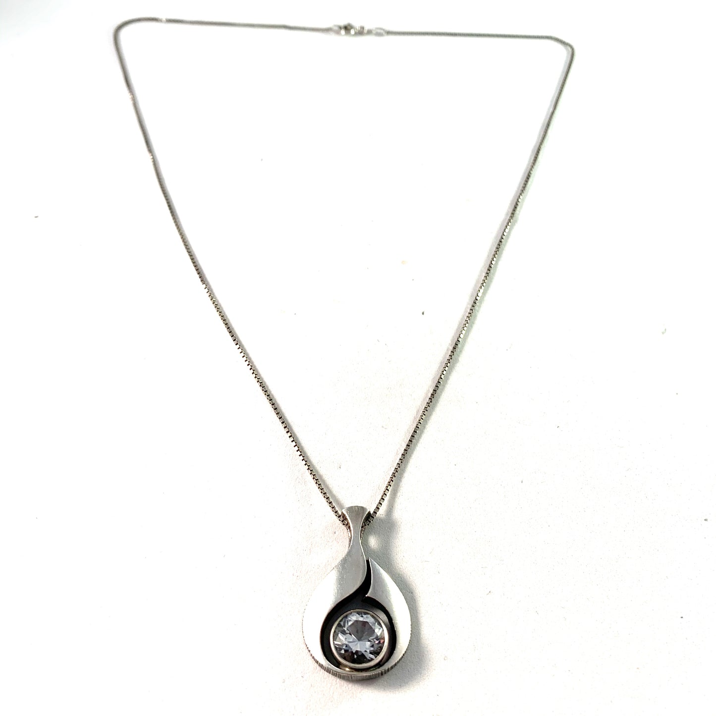 Karl Laine for Finnfeelings, Finland Vintage Sterling Silver Rock Crystal Pendant Necklace. Boxed.