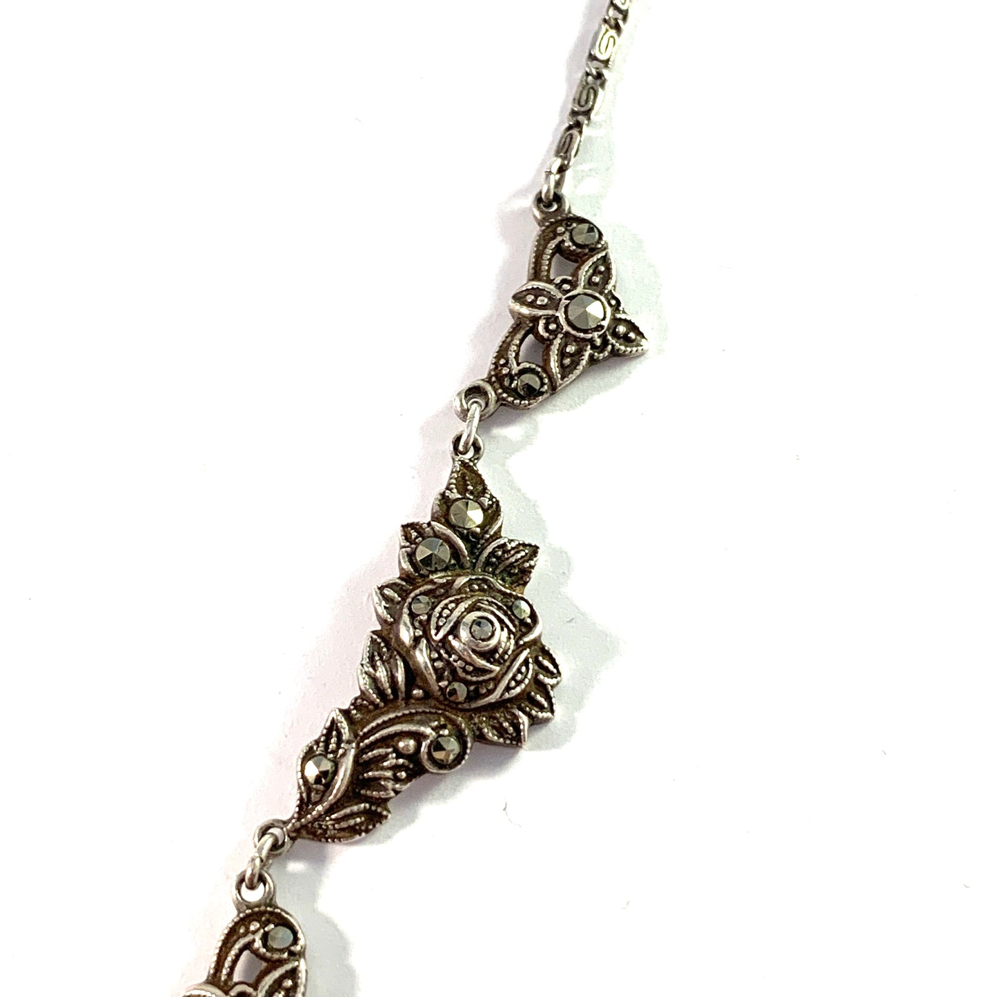Vintage Mid Century Sterling Silver Marcasite Floral Necklace.