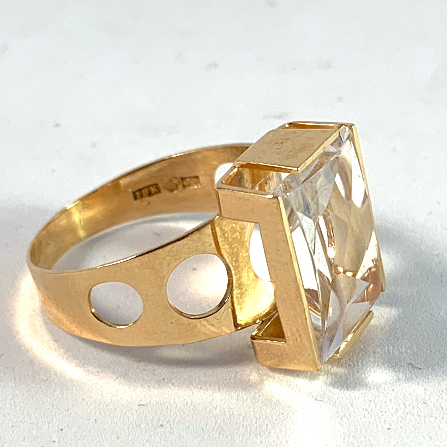 Ekström, Sweden year 1969 Bold Modernist 18k Gold Rock Crystal Middle Finger Ring. Size 10 1/4