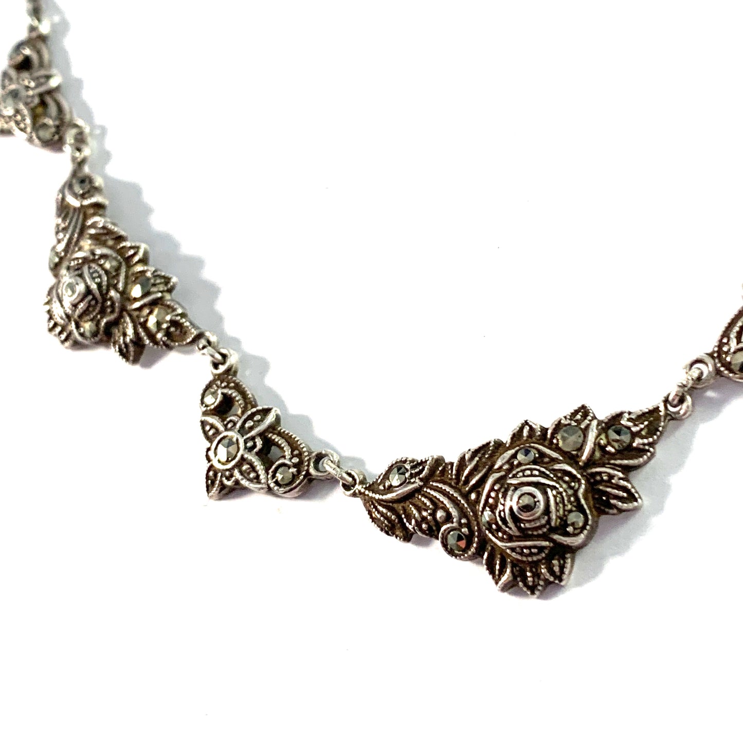 Vintage Mid Century Sterling Silver Marcasite Floral Necklace.
