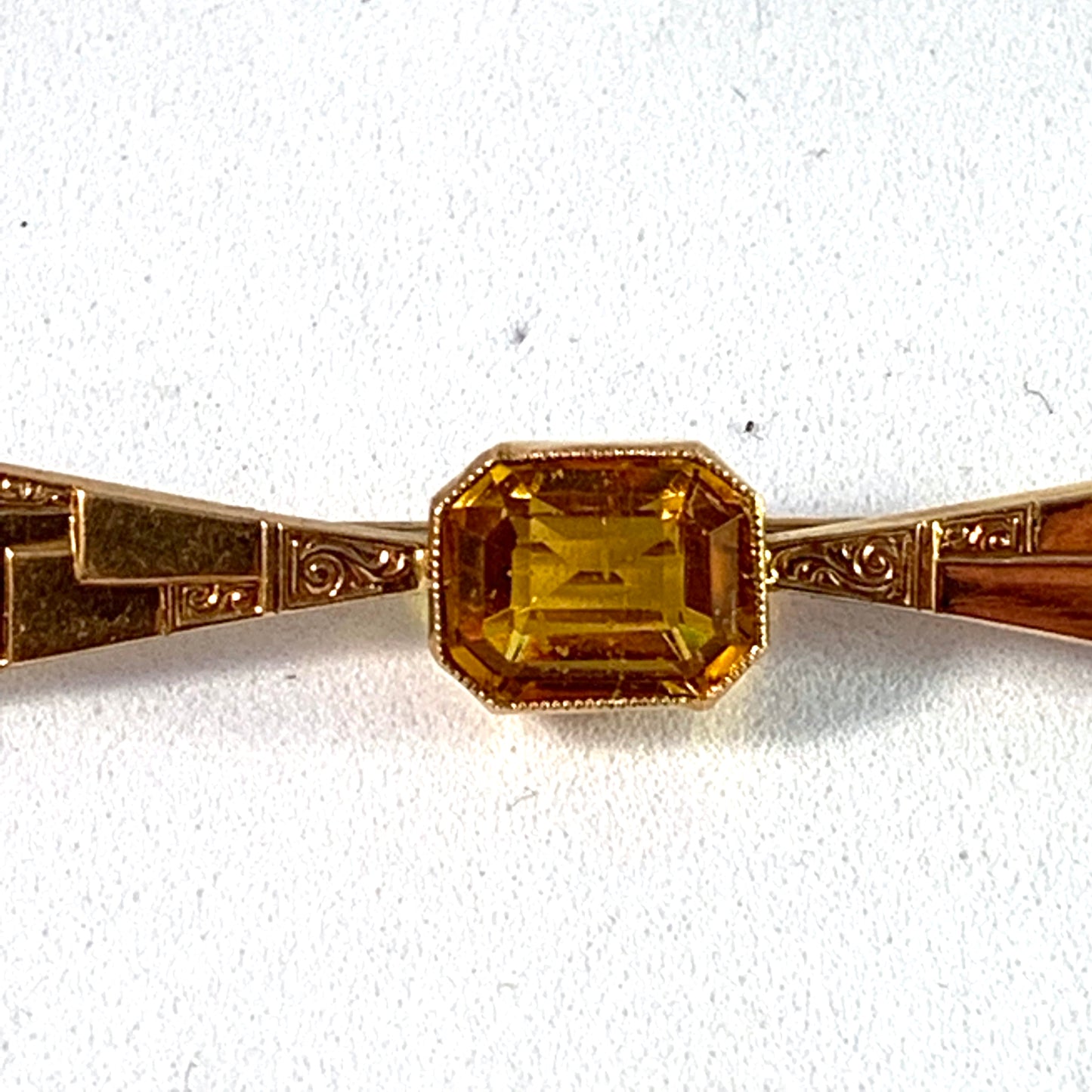 Sweden 1920s Art Deco 18k Gold Citrine Brooch Pin.