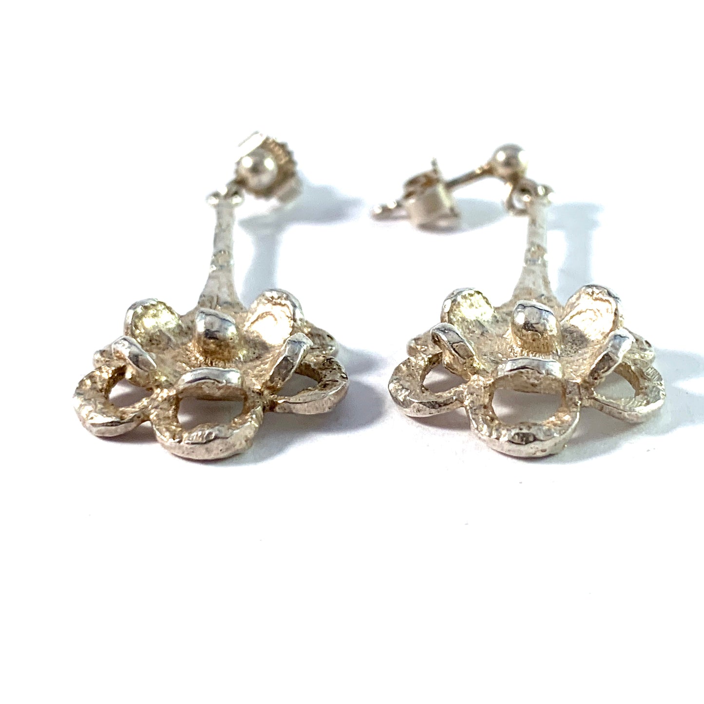 Theresia Hvorslev, Sweden 1970s. Sterling Silver Floral Dangle Earrings. Signed.