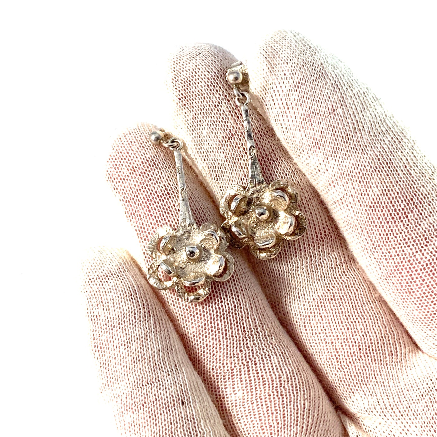 Theresia Hvorslev, Sweden 1970s. Sterling Silver Floral Dangle Earrings. Signed.