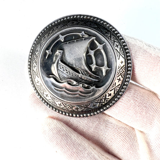 Dufva, Sweden 1947. Large Vintage Sterling Silver Viking Ship Brooch.