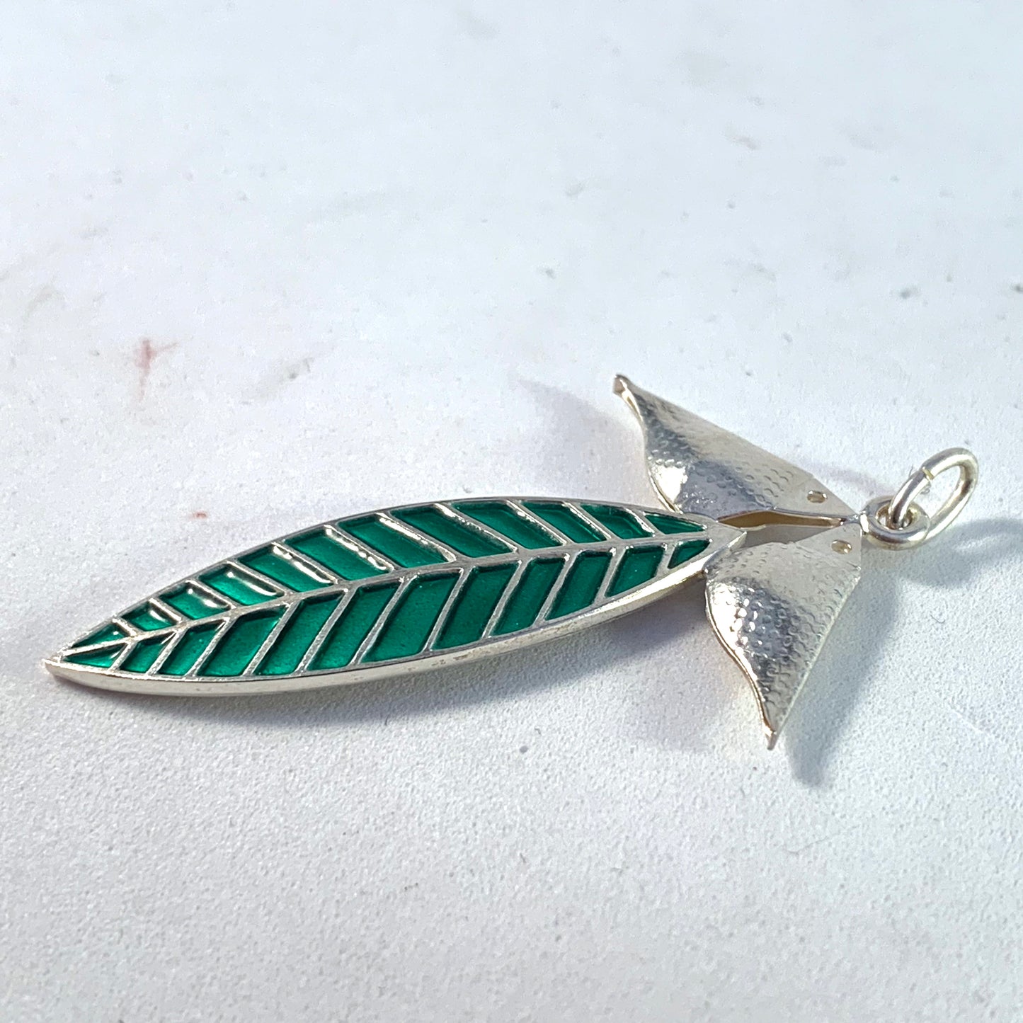 Konrad Mehus for David Andersen Norway Vintage Sterling Silver Green Enamel Love Birds Leaf Pendant