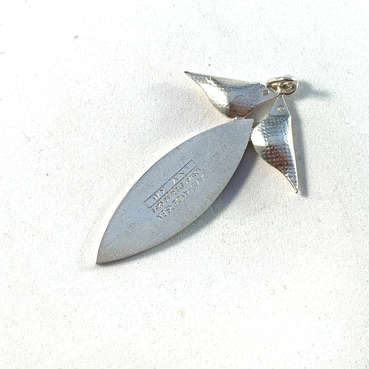 Konrad Mehus for David Andersen Norway Vintage Sterling Silver Green Enamel Love Birds Leaf Pendant