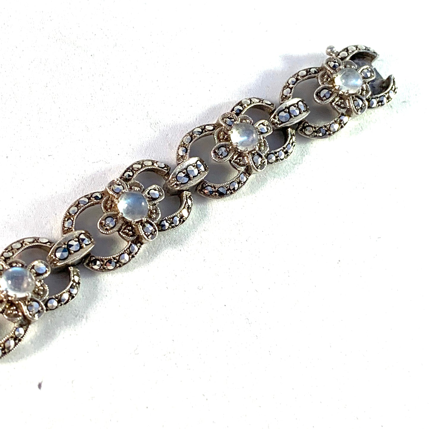 Mid Century Sterling Silver Moonstone Marcasite Bracelet.