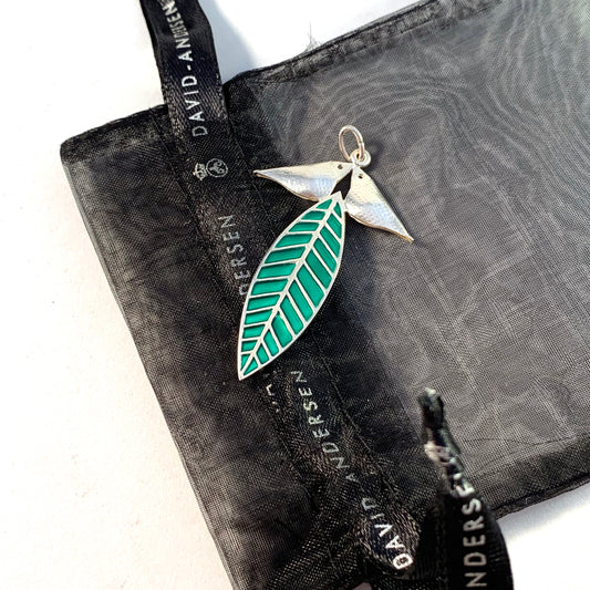 Konrad Mehus for David Andersen Norway Vintage Sterling Silver Green Enamel Love Birds Leaf Pendant