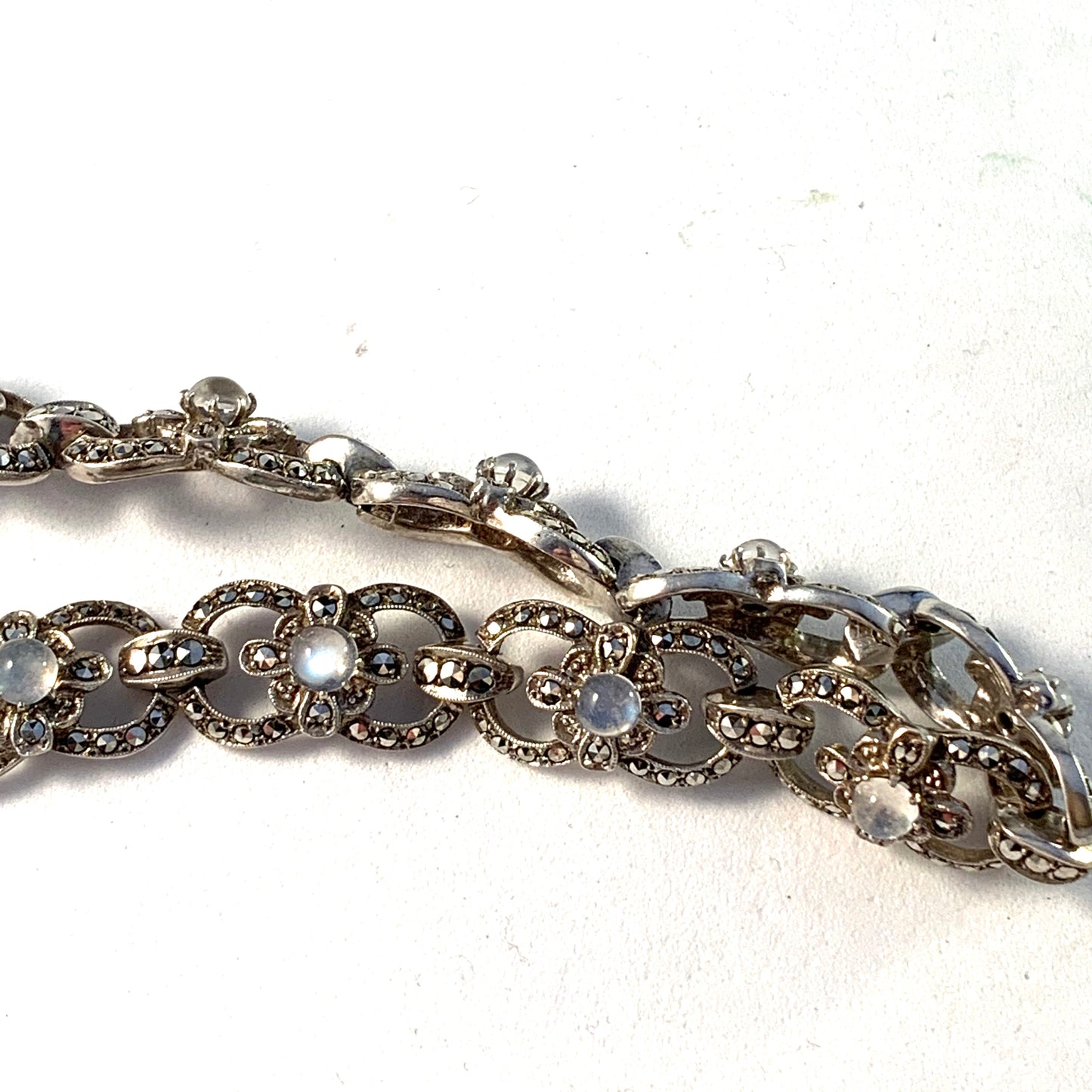 Mid Century Sterling Silver Moonstone Marcasite Bracelet.